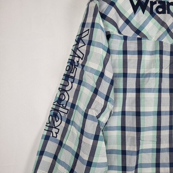 Wrangler Plaid Spellout Shirt Mens XL Tall Blue Green Button Up Western NWT - Picture 11 of 16